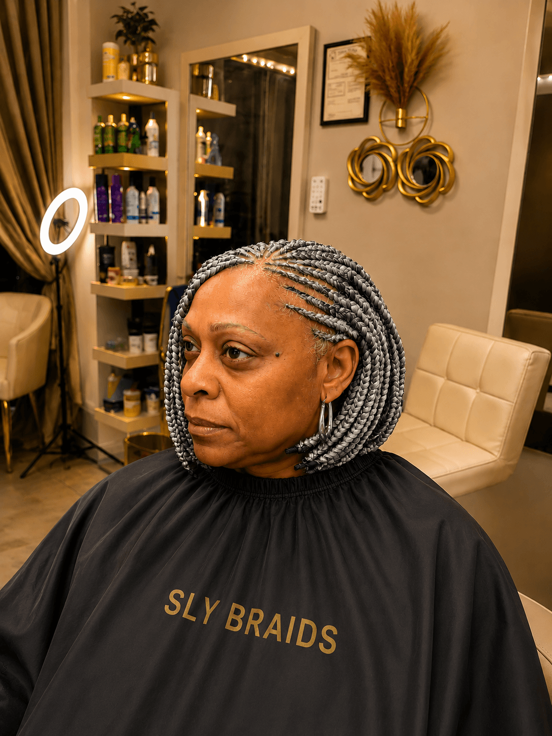 Gray silver knotless bob braids with SLY BRAIDS cape — side view in salon